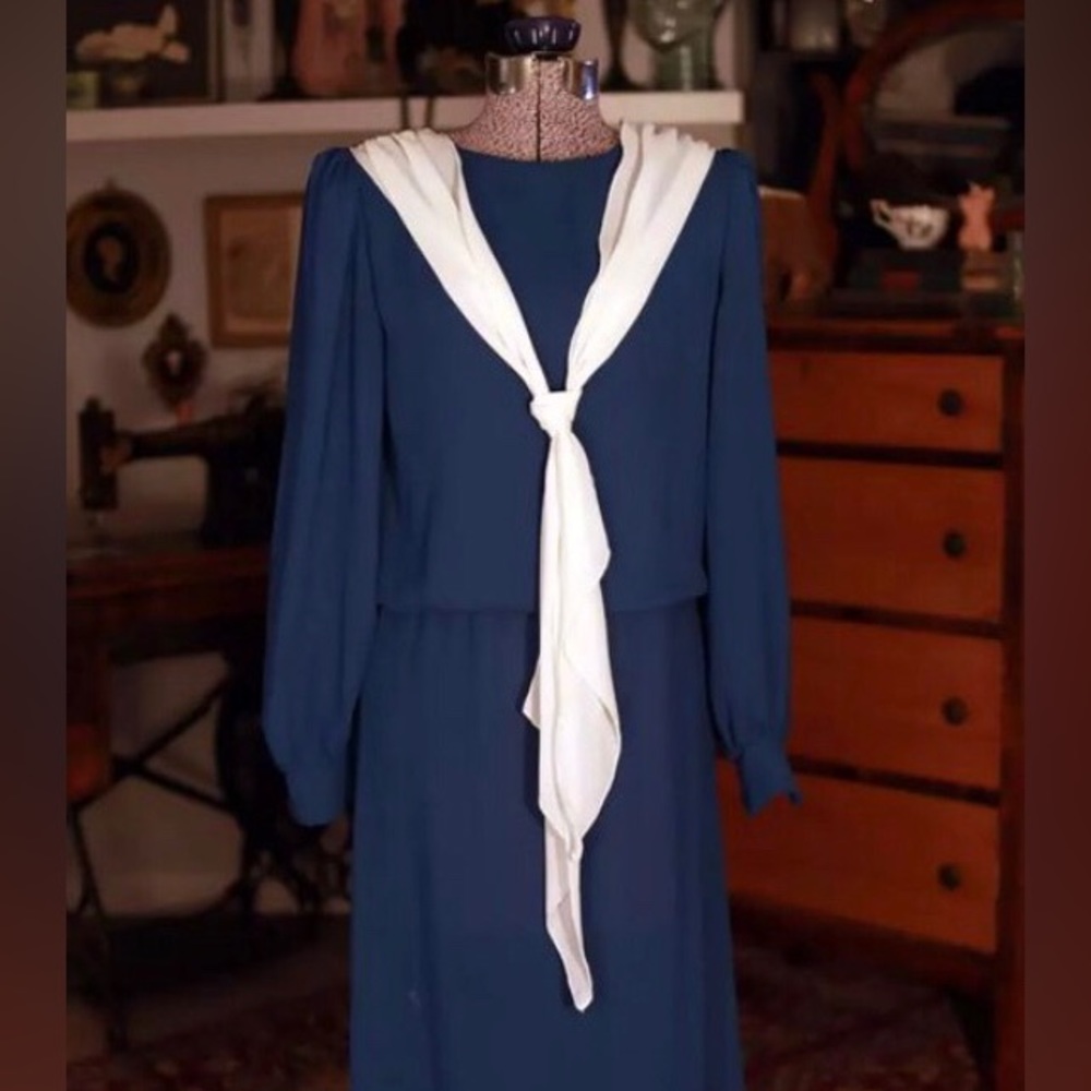 Vintage 1970s Sheer Teal Dress, Handmade polyester, white neck scarf detail US14